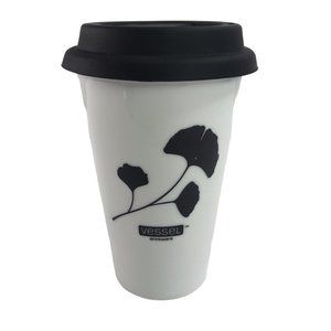 Vessel Drinkware White Ceramic Travel Mug Coffee Cup Tumbler with Black Silicone